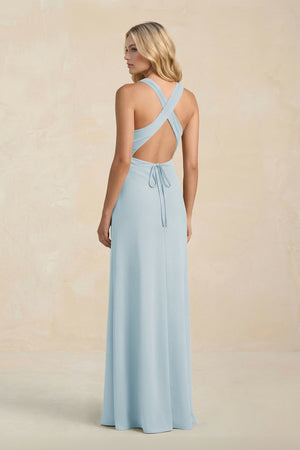 High Neck Sheath Chiffon Bridesmaid Dress in Sky Blue (2) | KISSBRIDAL