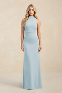 High Neck Sheath Chiffon Bridesmaid Dress in Sky Blue | KISSBRIDAL