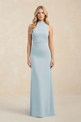 High Neck Sheath Chiffon Bridesmaid Dress in Sky Blue | KISSBRIDAL