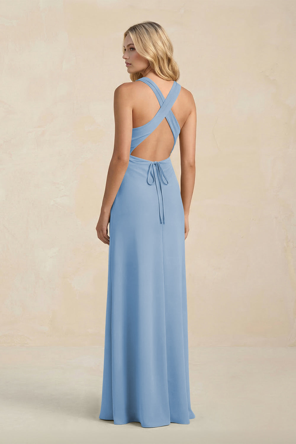 High Neck Sheath Chiffon Bridesmaid Dress in Steel Blue