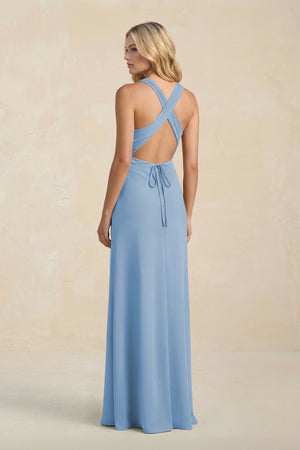 High Neck Sheath Chiffon Bridesmaid Dress in Steel Blue (2) | KISSBRIDAL