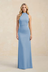 High Neck Sheath Chiffon Bridesmaid Dress in Steel Blue | KISSBRIDAL