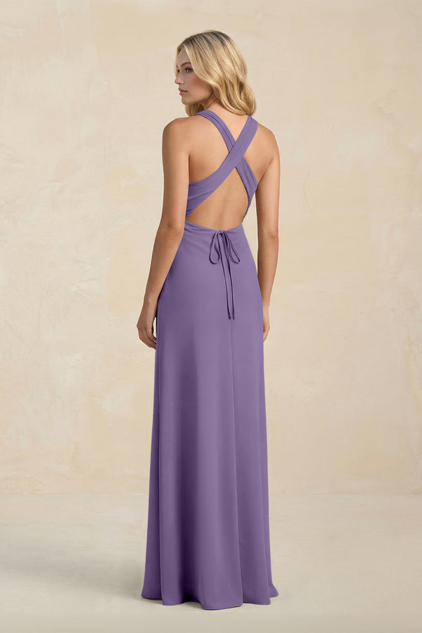 High Neck Sheath Chiffon Bridesmaid Dress in Tahiti (2) | KISSBRIDAL