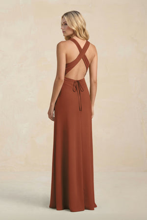 High Neck Sheath Chiffon Bridesmaid Dress in Terracotta (2) | KISSBRIDAL