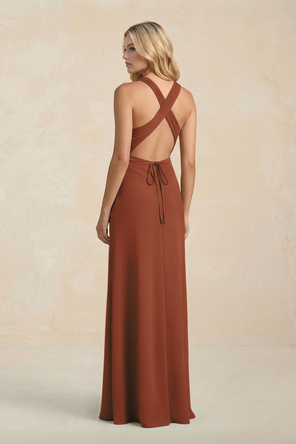 High Neck Sheath Chiffon Bridesmaid Dress in Terracotta (2) | KISSBRIDAL