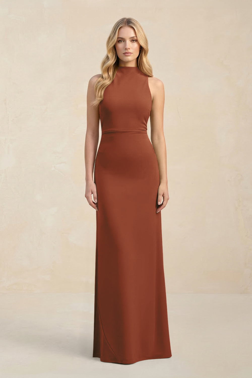 High Neck Sheath Chiffon Bridesmaid Dress in Terracotta