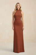 High Neck Sheath Chiffon Bridesmaid Dress in Terracotta | KISSBRIDAL