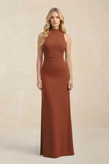 High Neck Sheath Chiffon Bridesmaid Dress in Terracotta | KISSBRIDAL