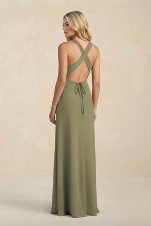 High Neck Sheath Chiffon Bridesmaid Dress in Thyme (2) | KISSBRIDAL