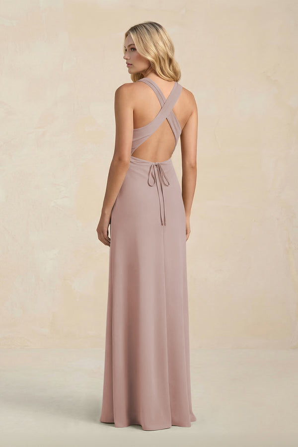 High Neck Sheath Chiffon Bridesmaid Dress in Toffee (2) | KISSBRIDAL