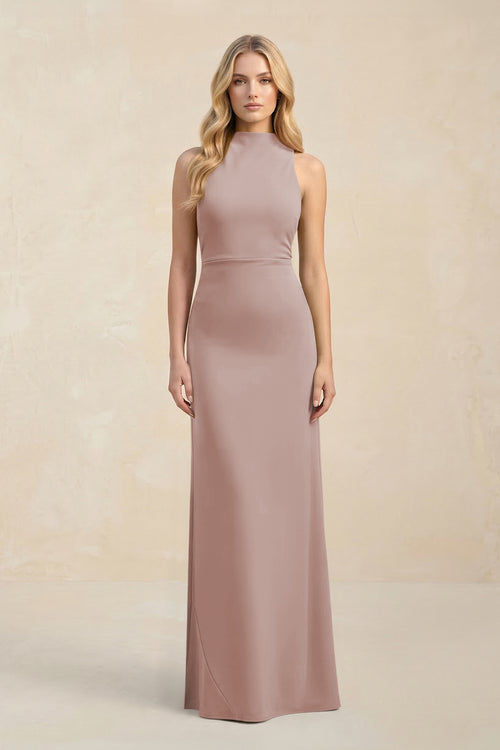 High Neck Sheath Chiffon Bridesmaid Dress in Toffee | KISSBRIDAL