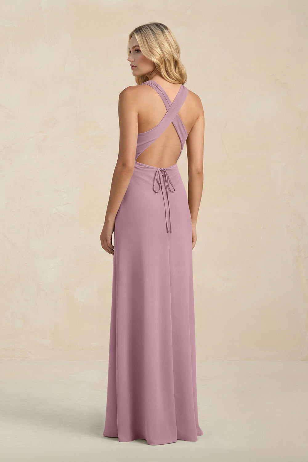 High Neck Sheath Chiffon Bridesmaid Dress in Vintage Mauve