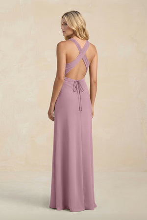 High Neck Sheath Chiffon Bridesmaid Dress in Vintage Mauve (2) | KISSBRIDAL