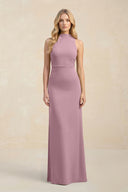 High Neck Sheath Chiffon Bridesmaid Dress in Vintage Mauve | KISSBRIDAL