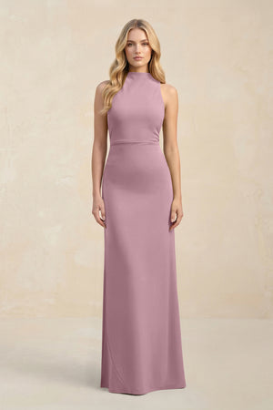 High Neck Sheath Chiffon Bridesmaid Dress in Vintage Mauve | KISSBRIDAL