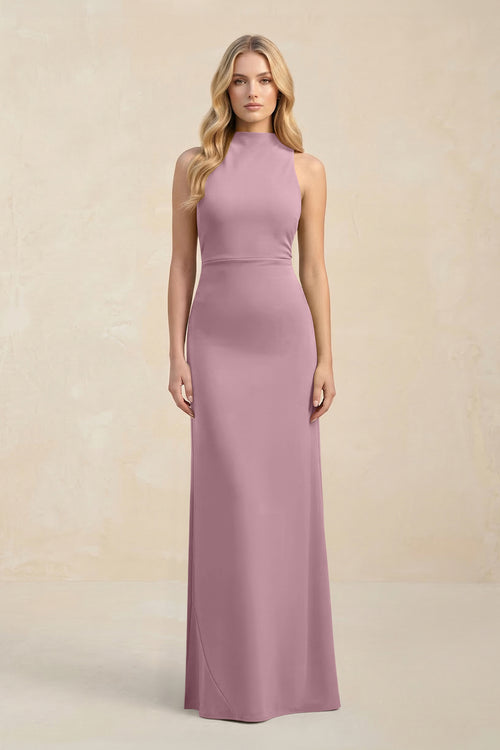 High Neck Sheath Chiffon Bridesmaid Dress in Vintage Mauve | KISSBRIDAL