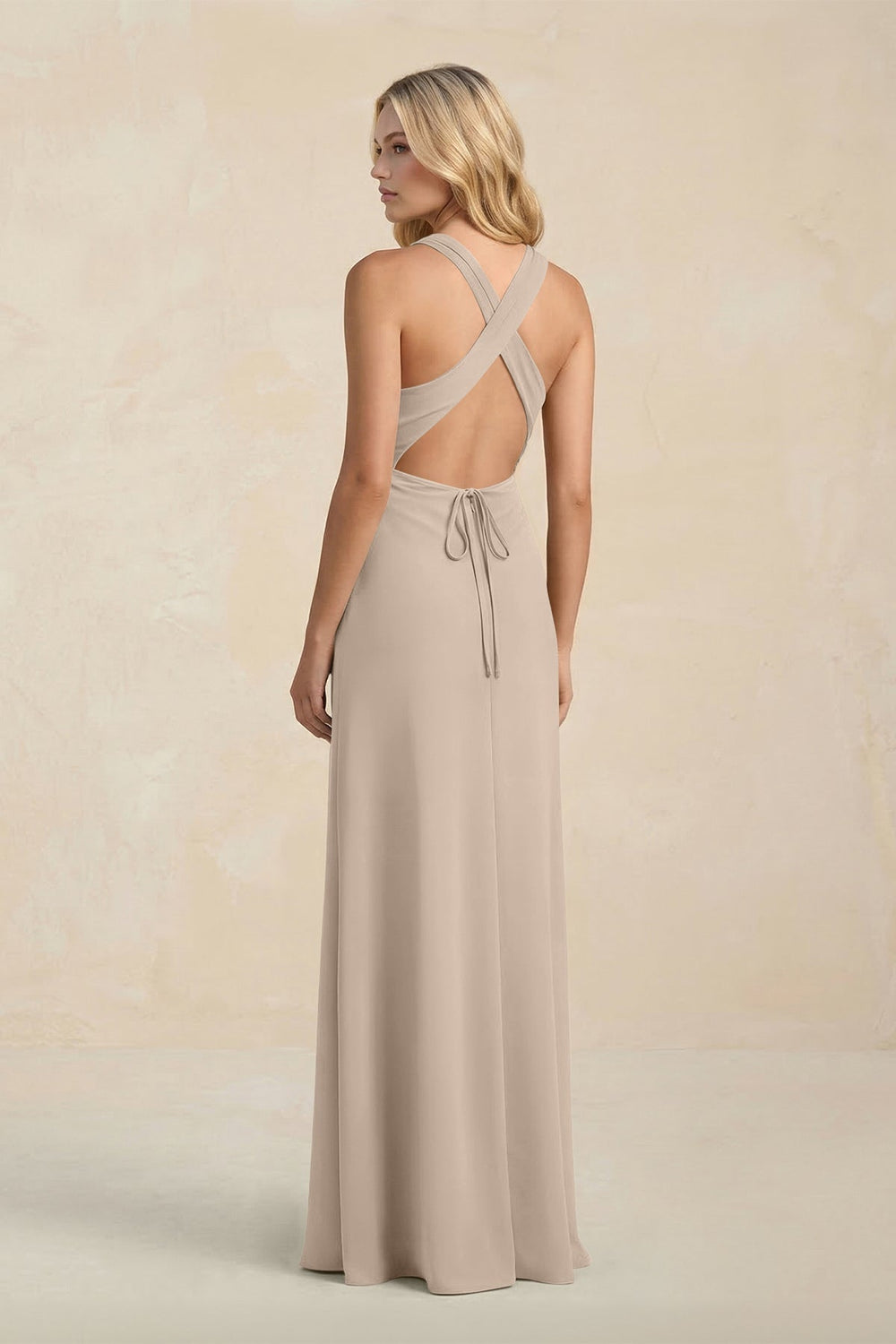 High Neck Sheath Chiffon Bridesmaid Dress With Slit in Almond - KISS BRIDAL Bridesmaid Dresses