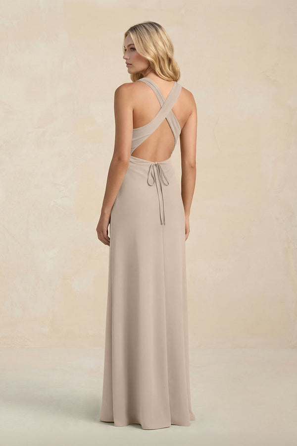 High Neck Sheath Chiffon Bridesmaid Dress With Slit in Almond - SHE IS ME Bridesmaid Dresses
