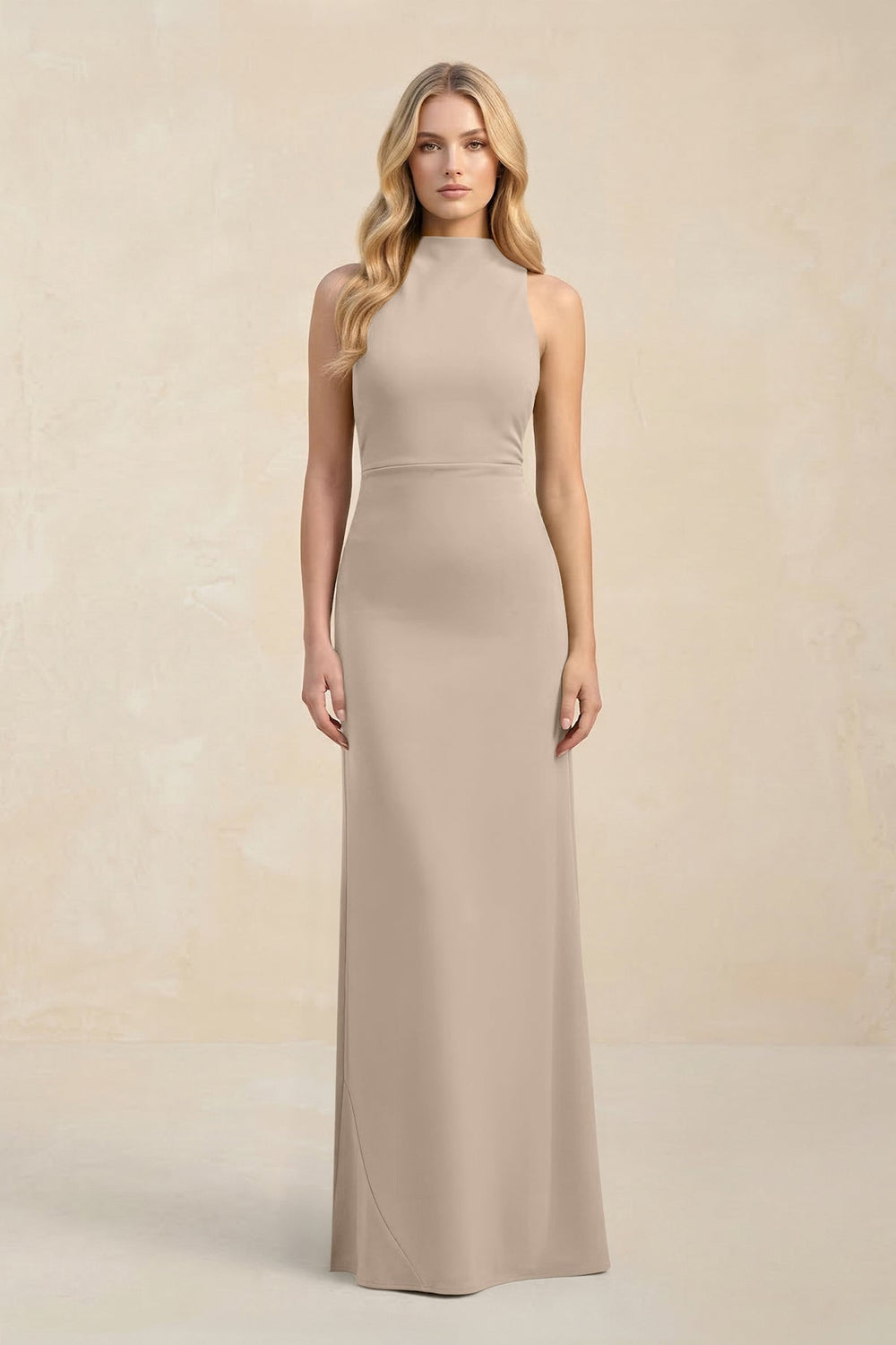High Neck Sheath Chiffon Bridesmaid Dress With Slit in Almond - KISS BRIDAL Bridesmaid Dresses