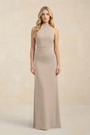 High Neck Sheath Chiffon Bridesmaid Dress With Slit in Almond - SHE IS ME Bridesmaid Dresses