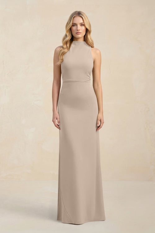High Neck Sheath Chiffon Bridesmaid Dress With Slit in Almond - SHE IS ME Bridesmaid Dresses
