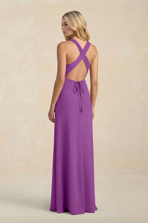 High Neck Sheath Chiffon Bridesmaid Dress With Slit in Amethyst - SHE IS ME Bridesmaid Dresses