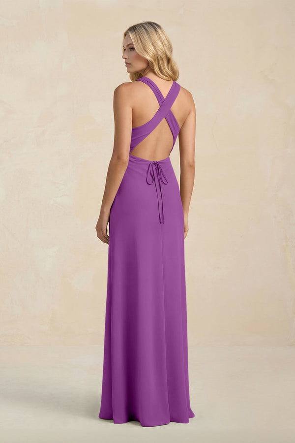 High Neck Sheath Chiffon Bridesmaid Dress With Slit in Amethyst - SHE IS ME Bridesmaid Dresses