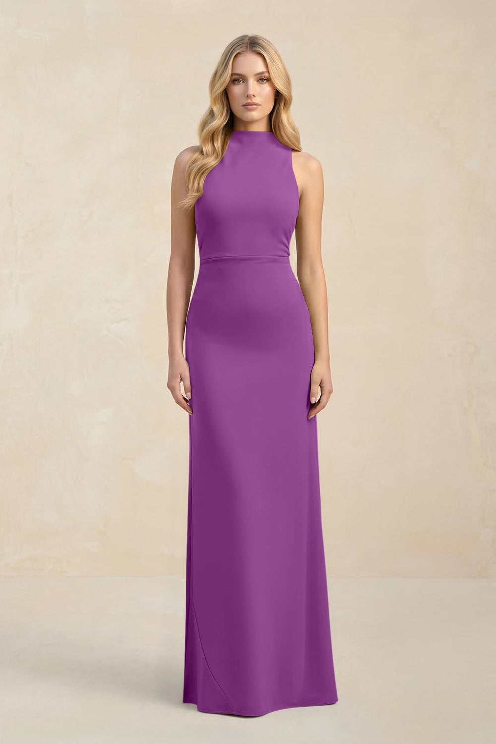 High Neck Sheath Chiffon Bridesmaid Dress With Slit in Amethyst - KISS BRIDAL Bridesmaid Dresses