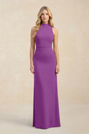 High Neck Sheath Chiffon Bridesmaid Dress With Slit in Amethyst - SHE IS ME Bridesmaid Dresses
