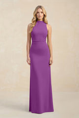 High Neck Sheath Chiffon Bridesmaid Dress With Slit in Amethyst - KISS BRIDAL Bridesmaid Dresses