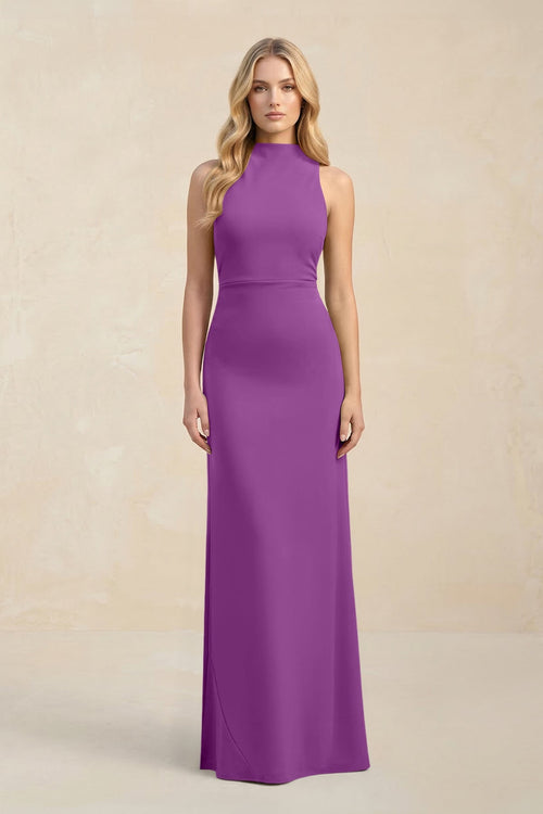 High Neck Sheath Chiffon Bridesmaid Dress With Slit in Amethyst - SHE IS ME Bridesmaid Dresses