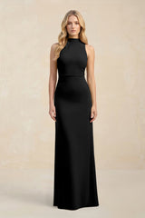 High Neck Sheath Chiffon Bridesmaid Dress With Slit in Black - KISS BRIDAL Bridesmaid Dresses