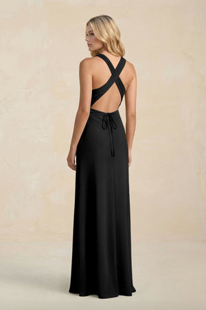 High Neck Sheath Chiffon Bridesmaid Dress With Slit in Black - SHE IS ME Bridesmaid Dresses