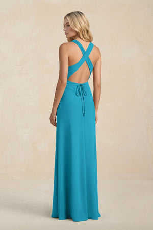 High Neck Sheath Chiffon Bridesmaid Dress With Slit in Blue Jay - SHE IS ME Bridesmaid Dresses