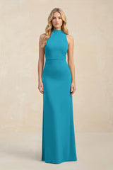 High Neck Sheath Chiffon Bridesmaid Dress With Slit in Blue Jay - KISS BRIDAL Bridesmaid Dresses