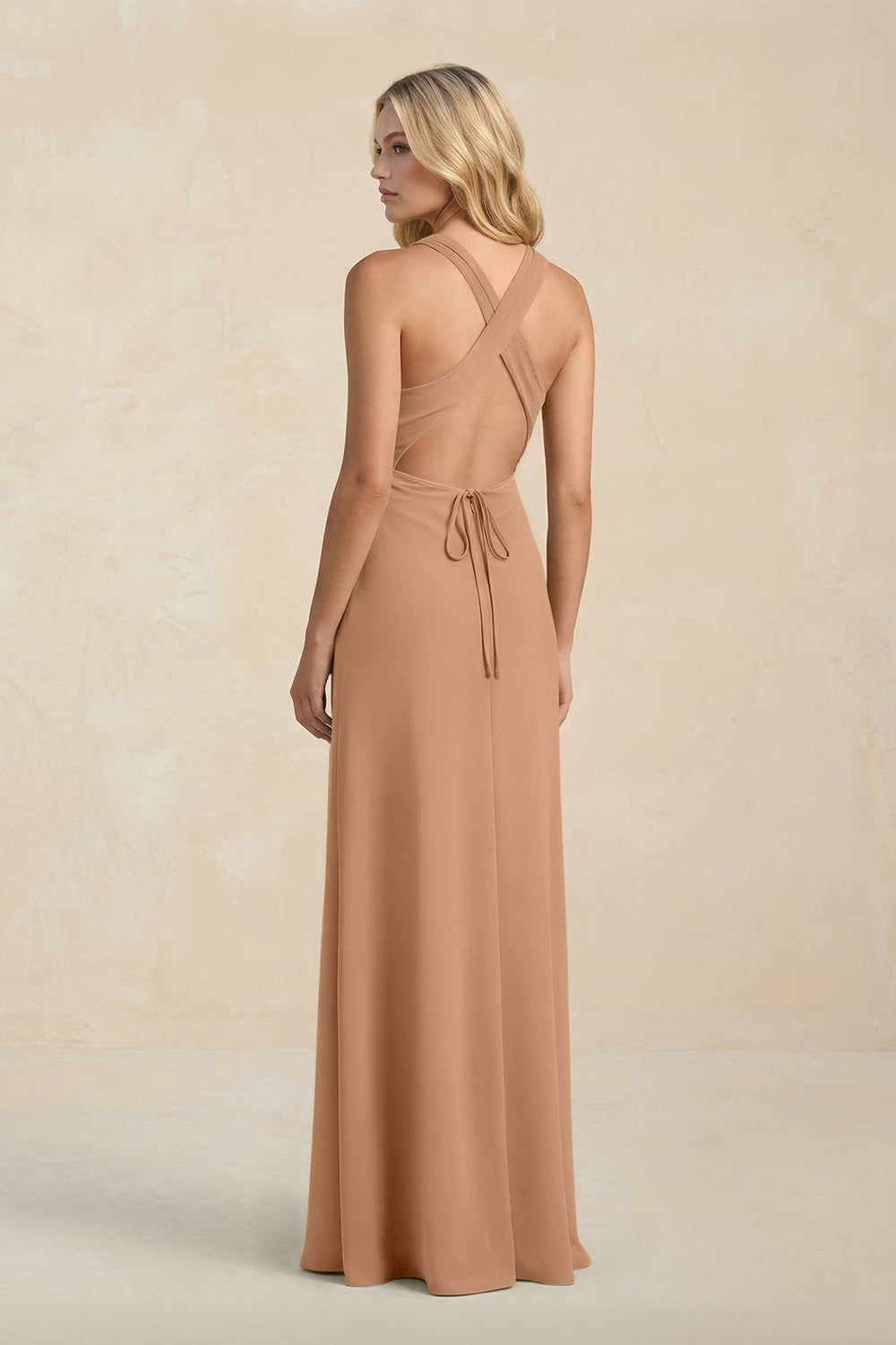 High Neck Sheath Chiffon Bridesmaid Dress With Slit in Bronzer - KISS BRIDAL Bridesmaid Dresses