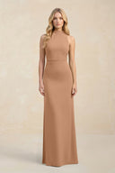 High Neck Sheath Chiffon Bridesmaid Dress With Slit in Bronzer - SHE IS ME Bridesmaid Dresses