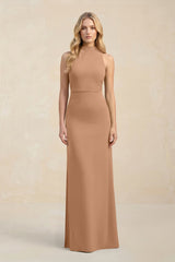 High Neck Sheath Chiffon Bridesmaid Dress With Slit in Bronzer - KISS BRIDAL Bridesmaid Dresses