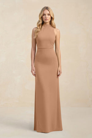 High Neck Sheath Chiffon Bridesmaid Dress With Slit in Bronzer - SHE IS ME Bridesmaid Dresses