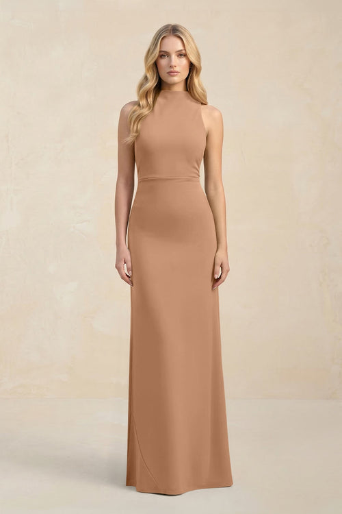 High Neck Sheath Chiffon Bridesmaid Dress With Slit in Bronzer - SHE IS ME Bridesmaid Dresses