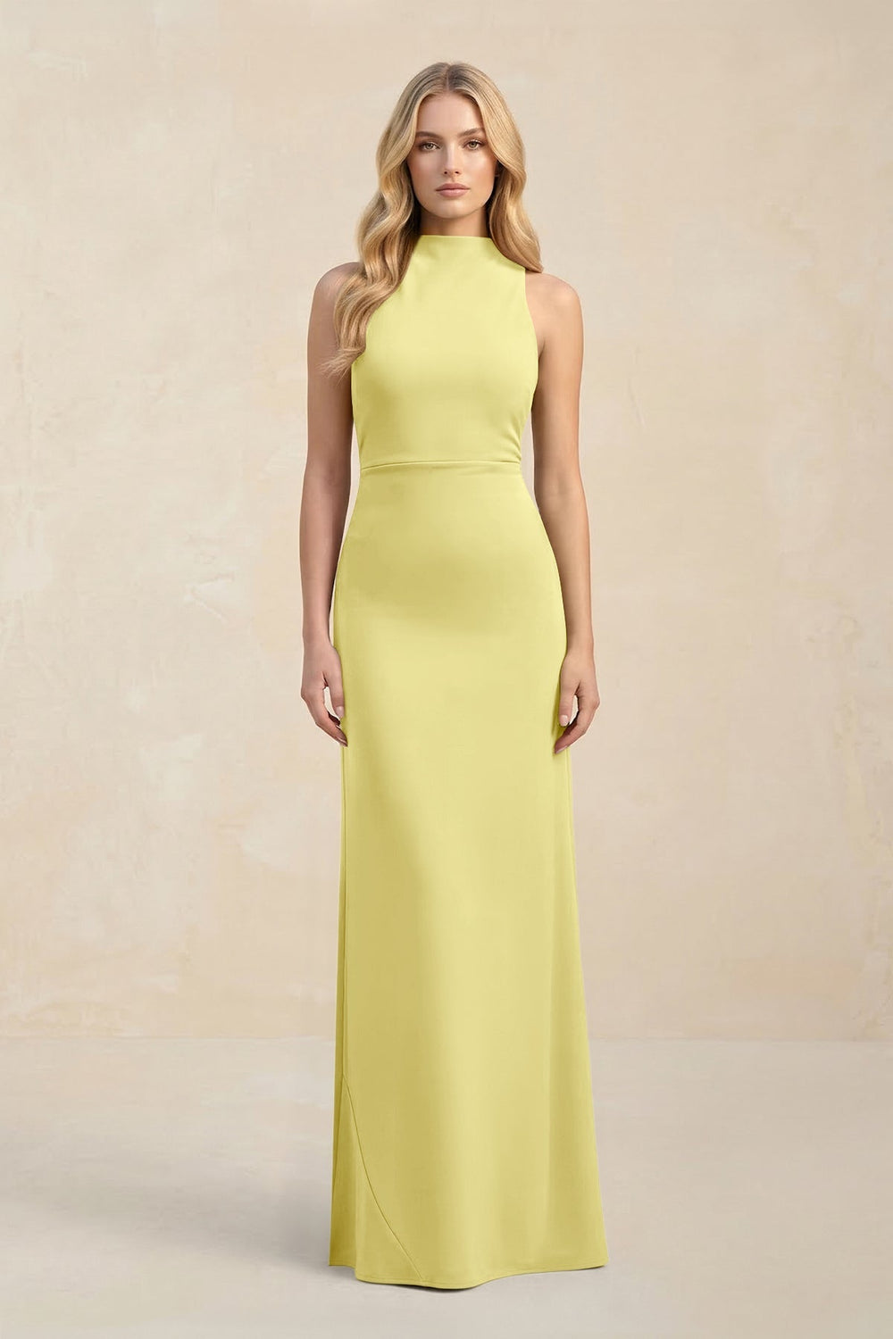 High Neck Sheath Chiffon Bridesmaid Dress With Slit in Buttercup - KISS BRIDAL Bridesmaid Dresses