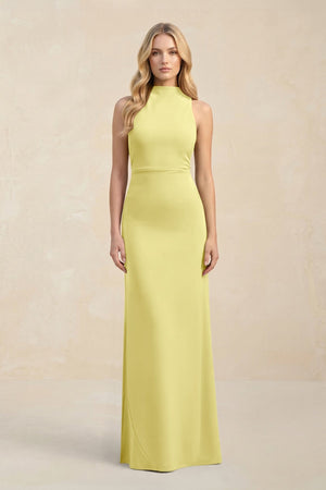 High Neck Sheath Chiffon Bridesmaid Dress With Slit in Buttercup - SHE IS ME Bridesmaid Dresses