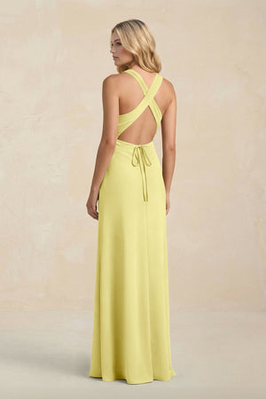 High Neck Sheath Chiffon Bridesmaid Dress With Slit in Buttercup - SHE IS ME Bridesmaid Dresses