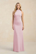 High Neck Sheath Chiffon Bridesmaid Dress With Slit in Candy Pink - SHE IS ME Bridesmaid Dresses