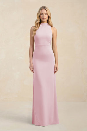 High Neck Sheath Chiffon Bridesmaid Dress With Slit in Candy Pink - SHE IS ME Bridesmaid Dresses