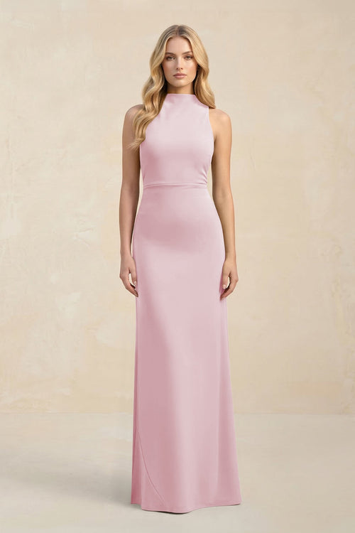 High Neck Sheath Chiffon Bridesmaid Dress With Slit in Candy Pink - SHE IS ME Bridesmaid Dresses