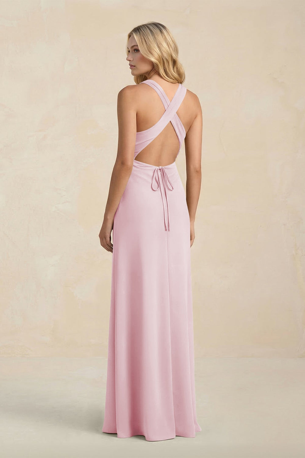 High Neck Sheath Chiffon Bridesmaid Dress With Slit in Candy Pink - KISS BRIDAL Bridesmaid Dresses