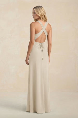 High Neck Sheath Chiffon Bridesmaid Dress With Slit in Champagne - SHE IS ME Bridesmaid Dresses