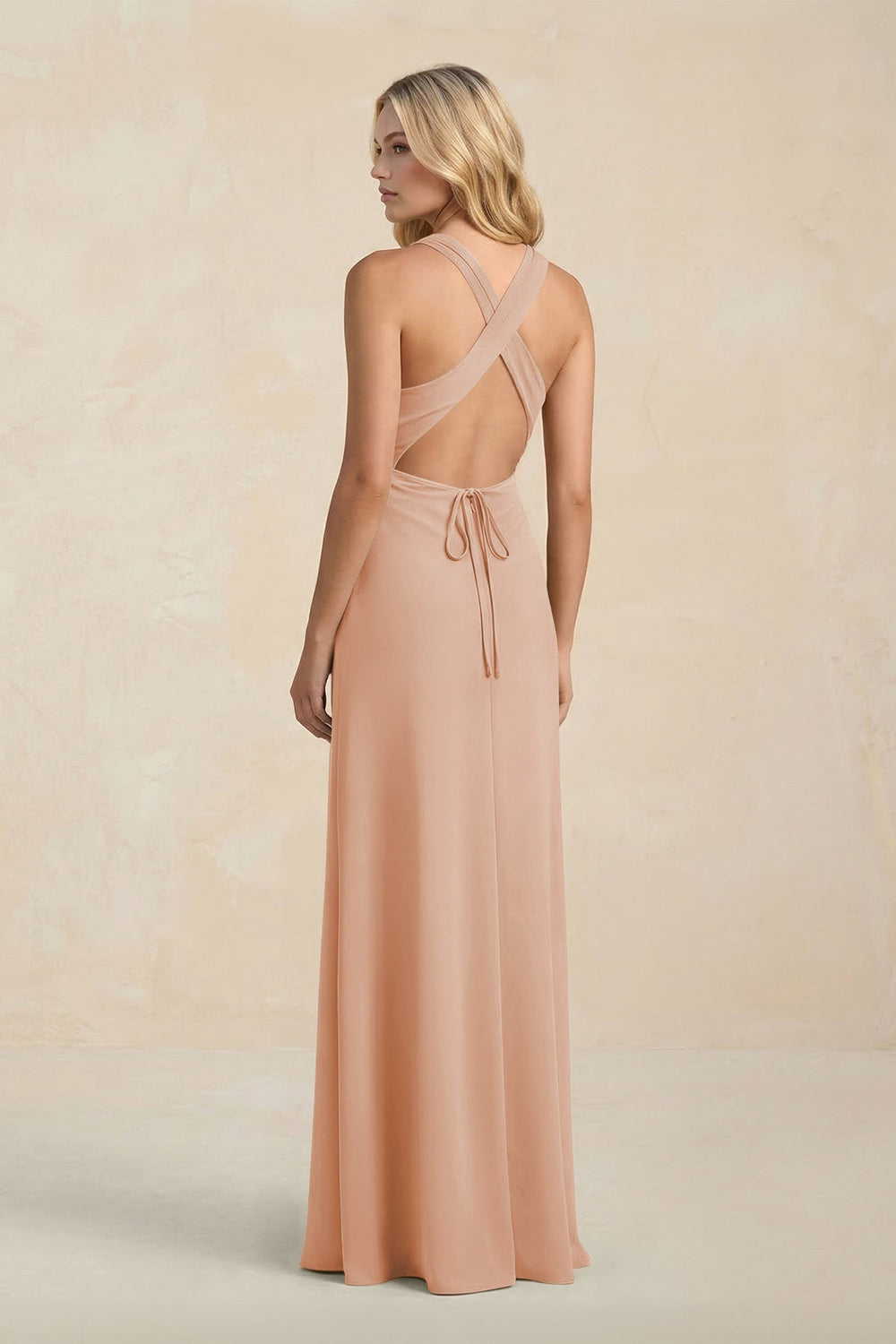 High Neck Sheath Chiffon Bridesmaid Dress With Slit in Champagne Rose - KISS BRIDAL Bridesmaid Dresses
