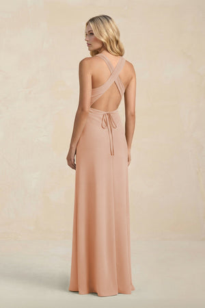 High Neck Sheath Chiffon Bridesmaid Dress With Slit in Champagne Rose - SHE IS ME Bridesmaid Dresses